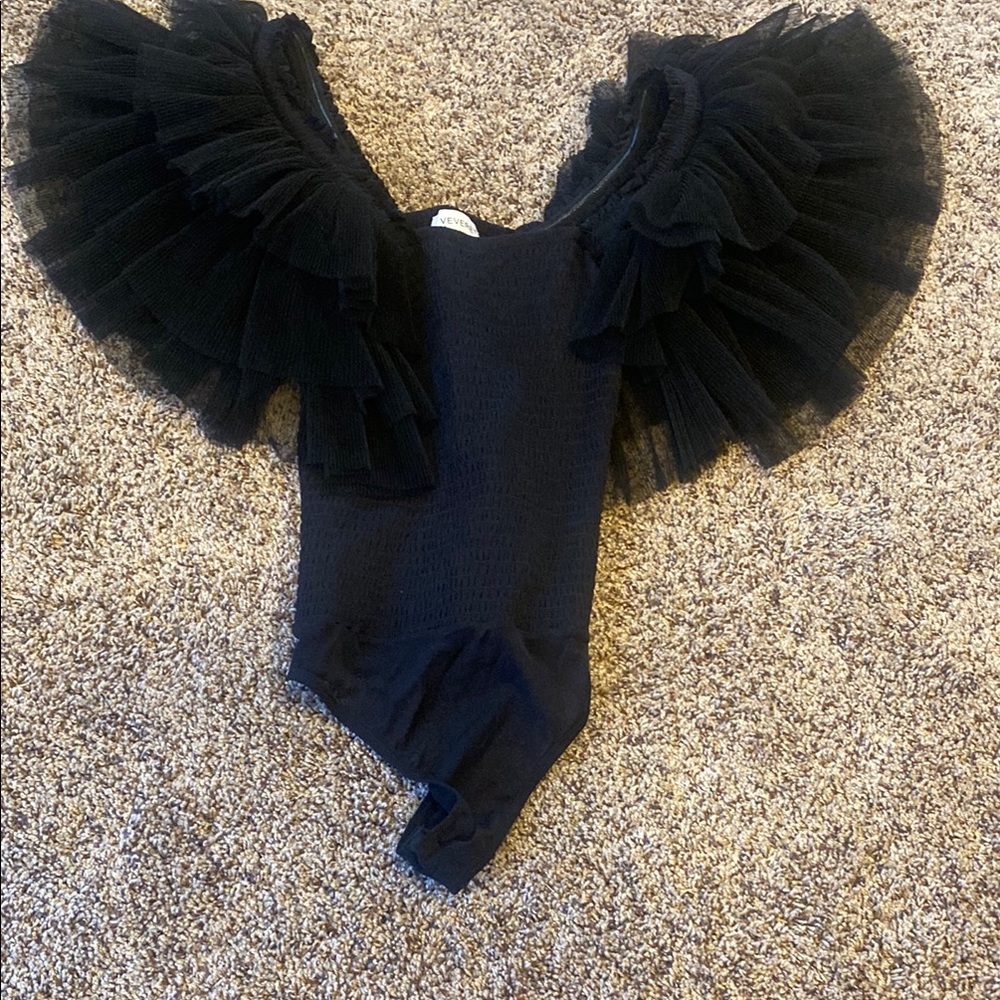 VERVET BY FLYING MONKEY Black Ruffled Bodysuit One Piece